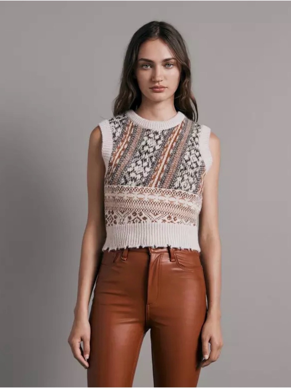 rag & bone fair isle Beige Textured wool fall Knit Sleeveless Crop Top vest
